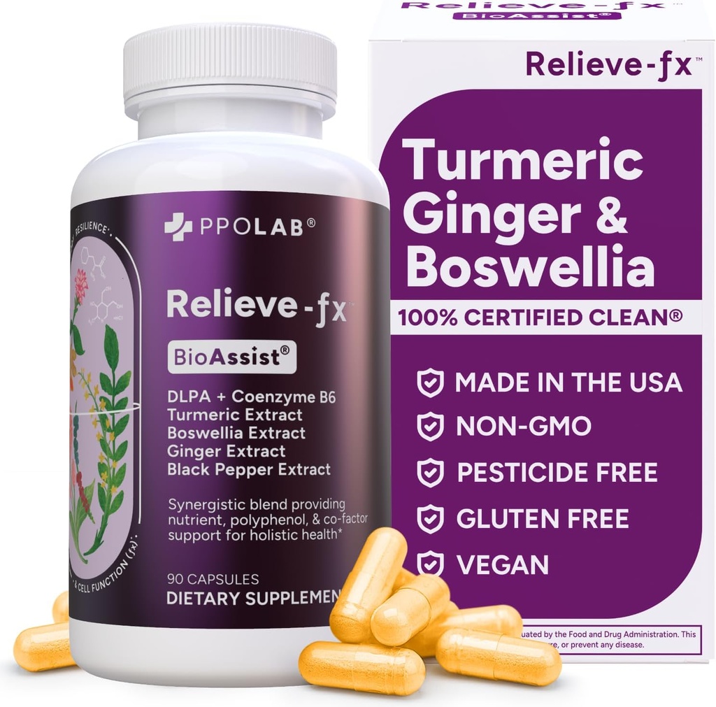 Relie- fx ™ DLPA Boswellia Turmeric dan Ginger Suplemen, Stress Relief, Heart, Ditraffic, Muscle Cramp, Gabungan, Inflammation Health, Vitamin B6 P5P, Boswellic Acid, Curcumin dengan Black Pepper - 90ct