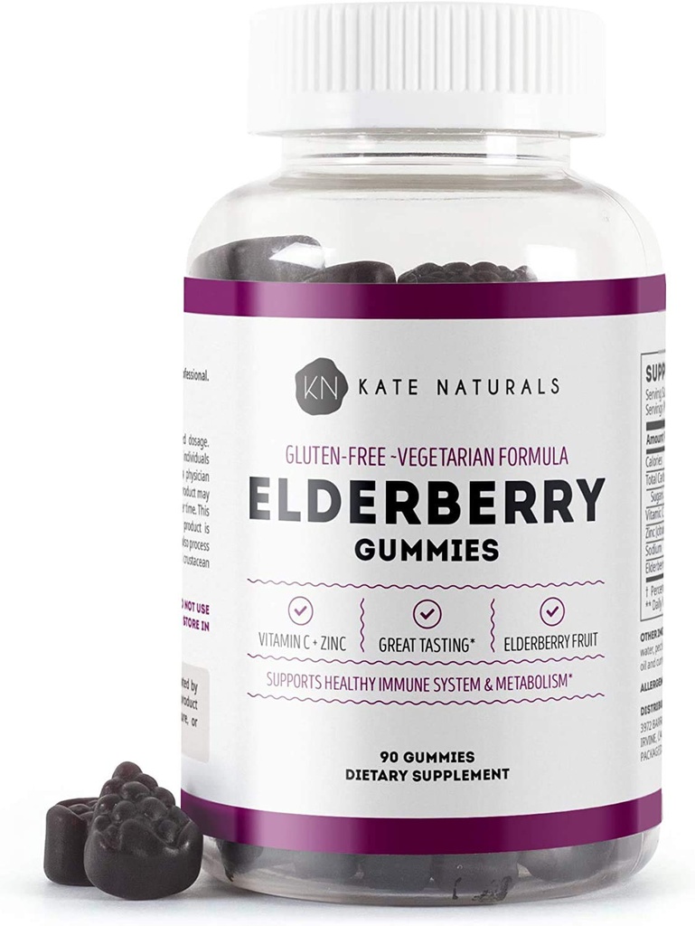 Kate Elderberry Gummies dengan Vitamin C dan Zinc untuk Orang dewasa & Anak-anak. Tasty Sambucus Elderberry Gummies for Immune Support (90 Gummies, 45 Day Supply)
