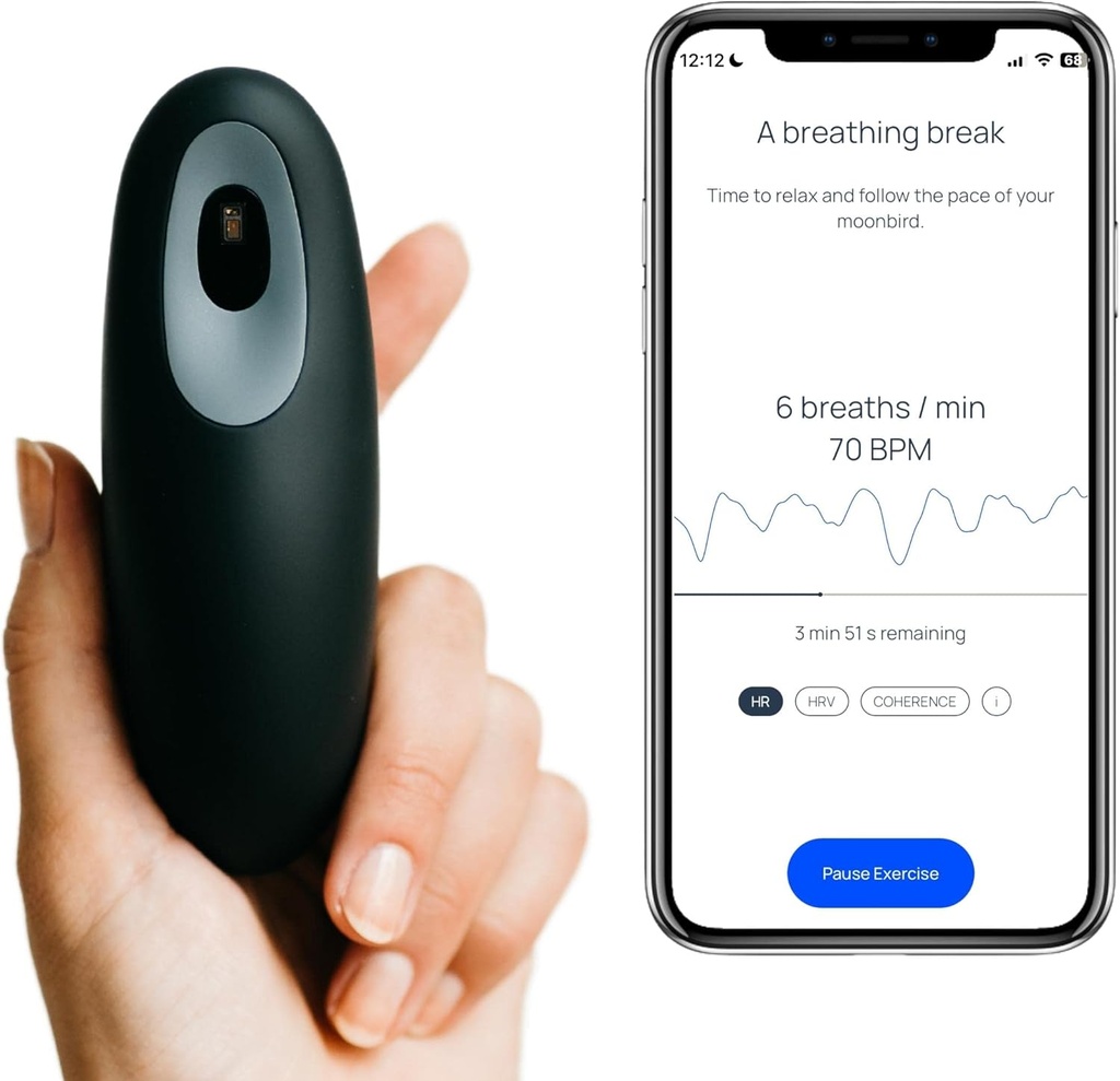 Alat Napas Rempah Moonbird untuk Dukungan Relaksasi & Tidur - Guided Breathwork untuk Tenang, Meditasi & Stress Dukungan - Portabel & Rechargable - Black Grey