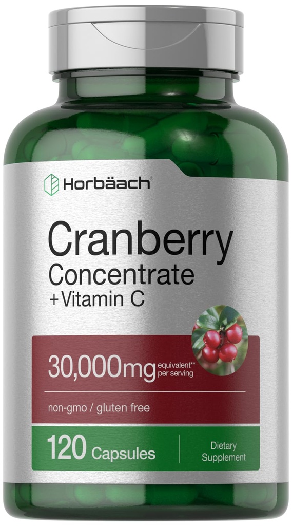 Horbäach Cranberry Extract Pills + Vitamin C 124; 30000mg 124; 120 Capsules 124; Triple Energy Ultimate Formula 124; Non-GMO dan Gluten Free Suplemen