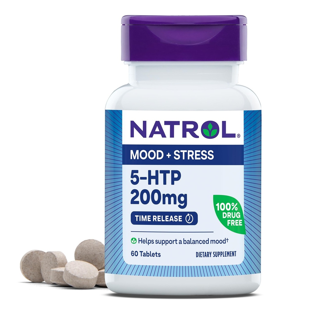 Natrol 5- HTP 200mg, Dietary Supplement Membantu Balanced Mood, 60 Time Rilis Tablet, Supply 60 Hari