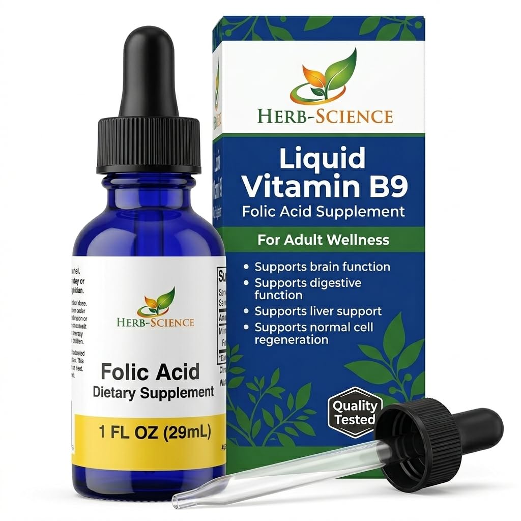 Liquid Vitamin B9 Acid Folic - VIT B Drops for Brain & Digetical Fungsi, Liver Dukung - GMO, Non- GMO, Vegan - Supplemen Nutroversi untuk Dewasa - 1 fs. oz.