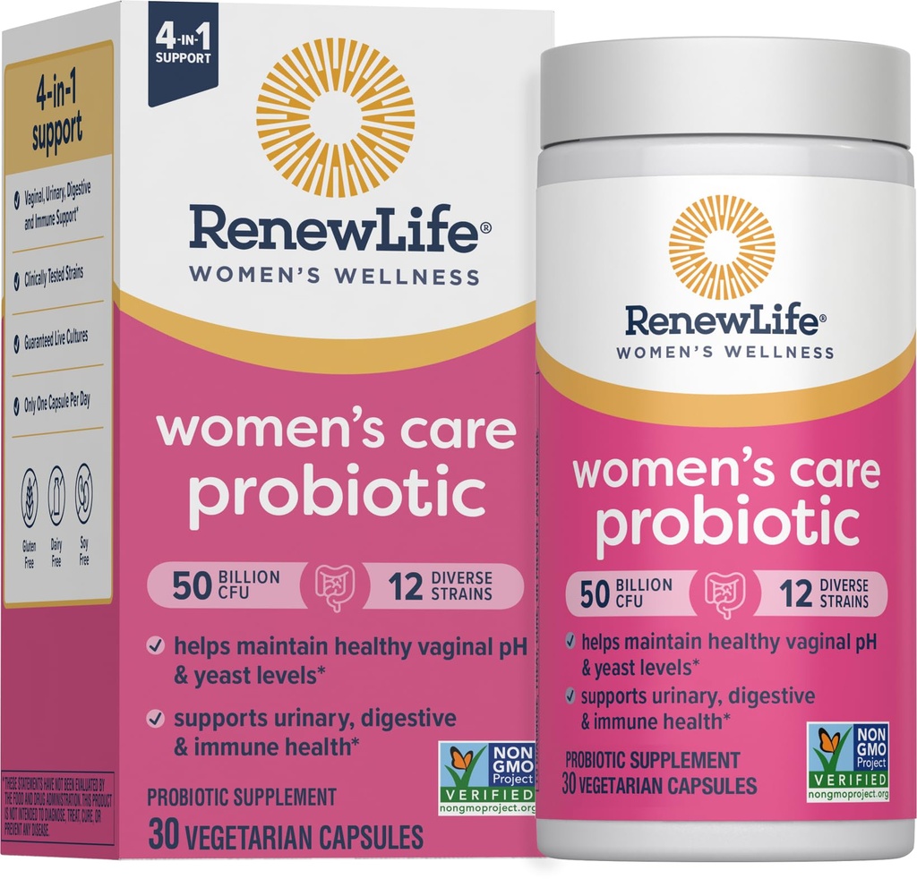 Renew Life Women 's Probiotic Capsules, 50 Billion CFU Dijamin, Mendukung keseimbangan pH, vaginal, Urinary, Digetile dan Immune Health (2), L. Rhamnosus GG, Dairy, Soy dan Gluten- Free, 30 Count