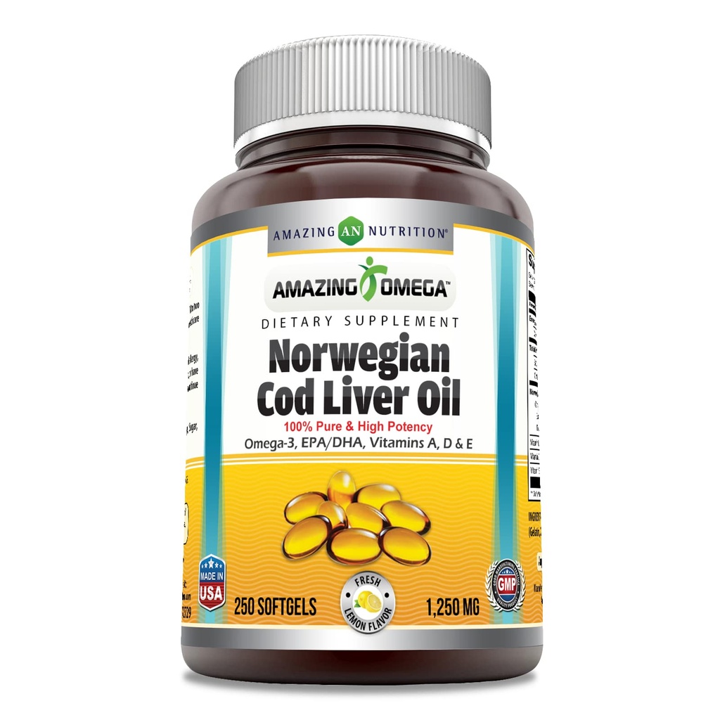 Amazing Omega Norwegia Cod Liver Oil 1250 Mg Softgels Suffels Suplement: 124; Omega-3, EPA, DHA, Vitamin A, Vitamin D & Vitamin E (Orange 124; 250 Count)