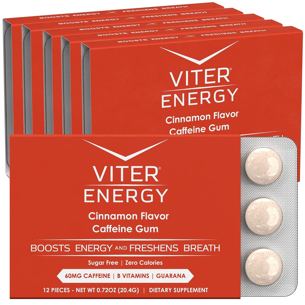 Viter Energy Caffeinated Gum 60mg Caffeine, B Vitamin, Guarana, Sugar Free.