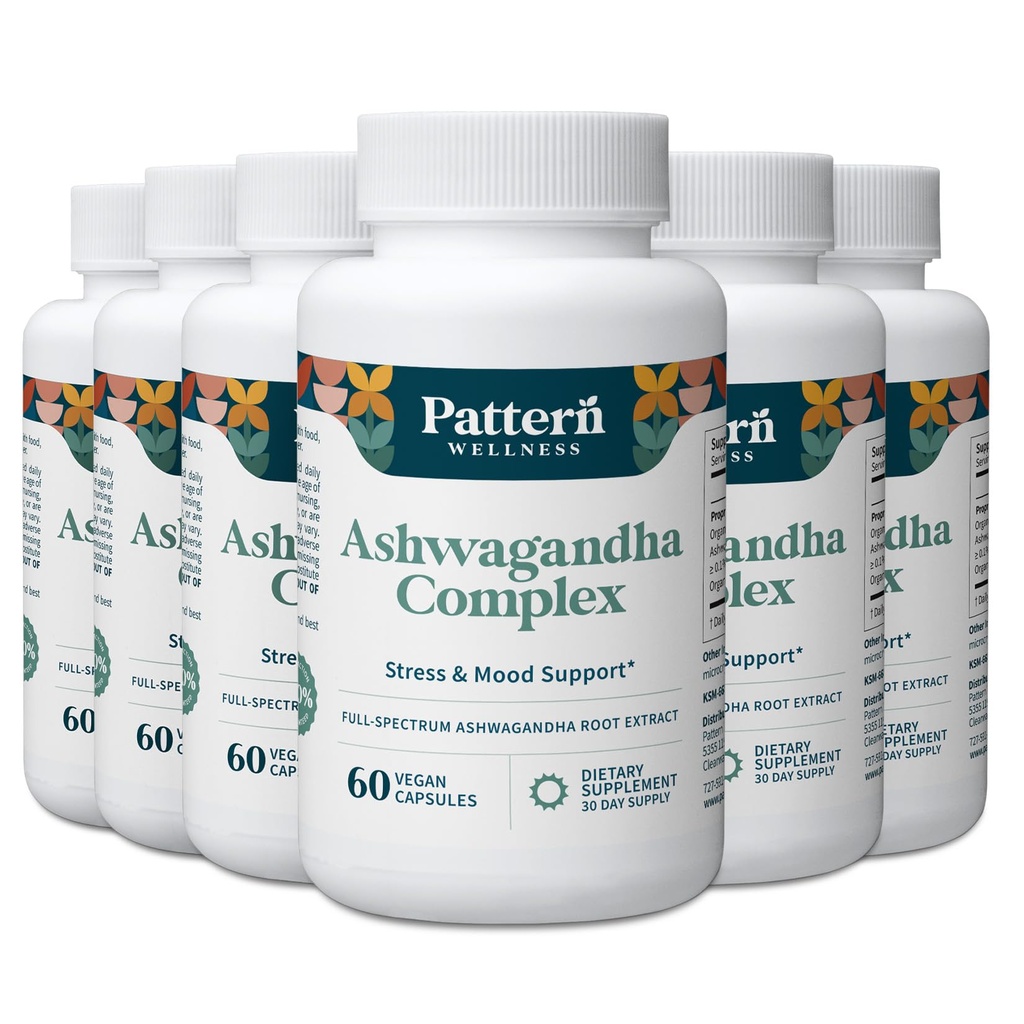 Pattern Wellness Ashwagandha Complex for Men & Women - KSM-66 & Black Pepper Extract - Whole Body & Heart Health - Support Stress & Mood - Non-GMO - 360 Vegan Capsules