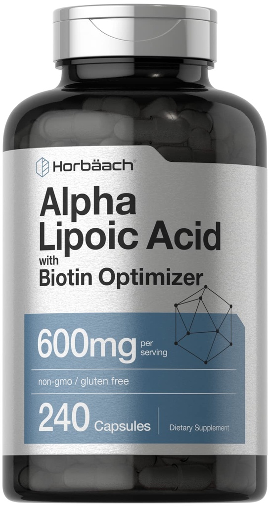 Horbäach Alpha Lipoic Acid 600mg 124; 240 Capsules 124; dengan Biotin Optimizer 124; Non-GMO dan Gluten Free Suplemen