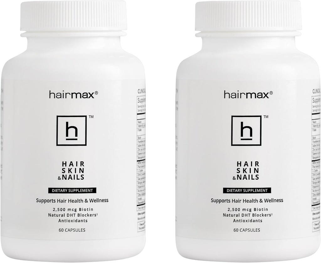 Hairmax untuk Suplemen Diet Skin dan Nails - Pertumbuhan Rambut dan Rambut - Pertumbuhan Rambut untuk Perempuan dan Pria. Berisi 2500mcg Biotin, DHT Blocker, MSM & Antioksidants, Paket 2 Botol