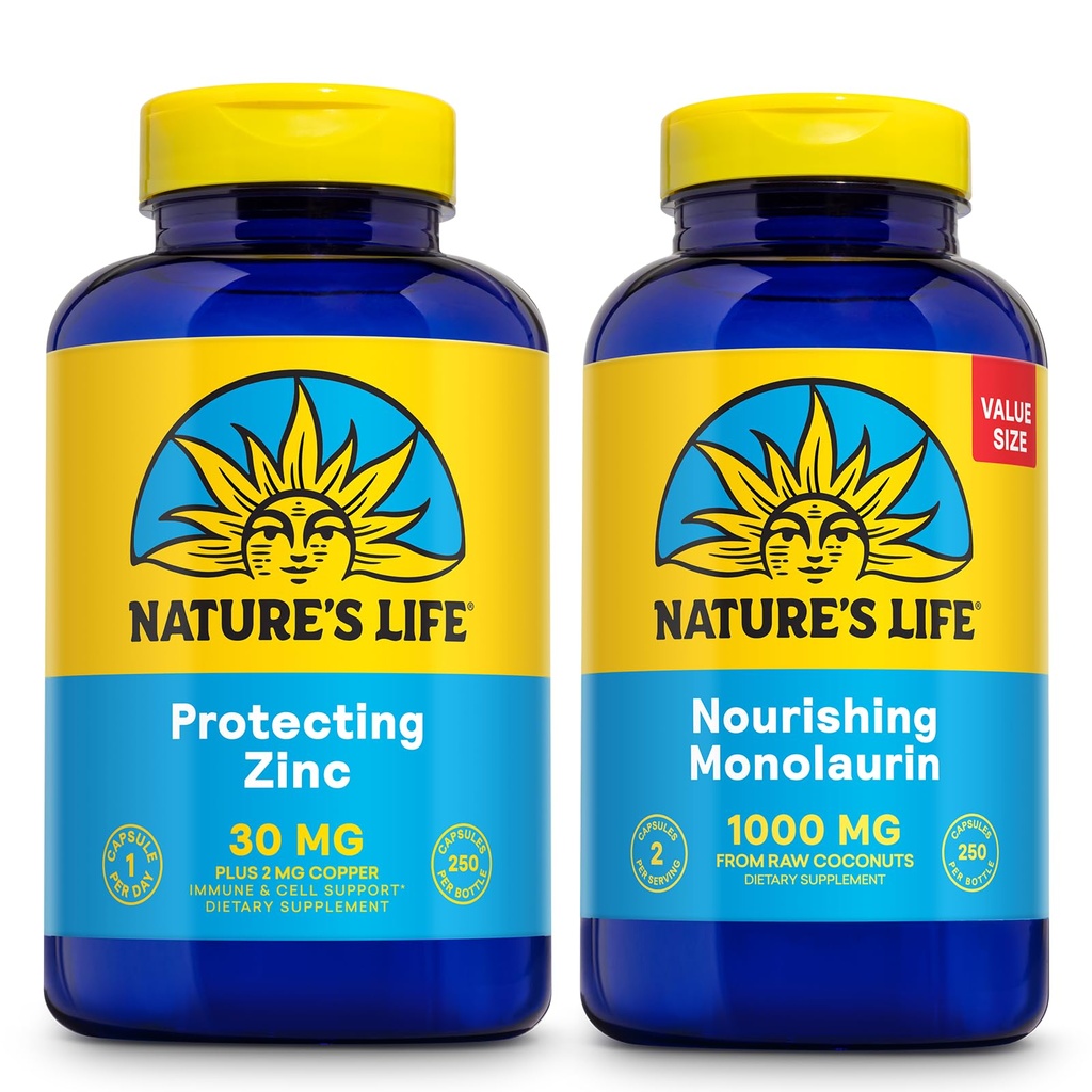 Nature 's Life Nafforshing Monolaurin 1000mg 250ct dan Protecting Zinc Picolinate 30mg 250ct - Gut Health and Imune Supports - Monolaurin from Raw Coconuts, Chelated Zinc - 60- Hari Jaminan