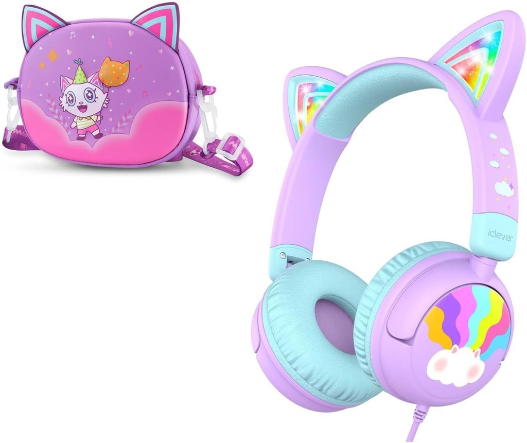 Headphones Wired Kids Cat Ear Meow Lollipop & Headphone Case Bundles