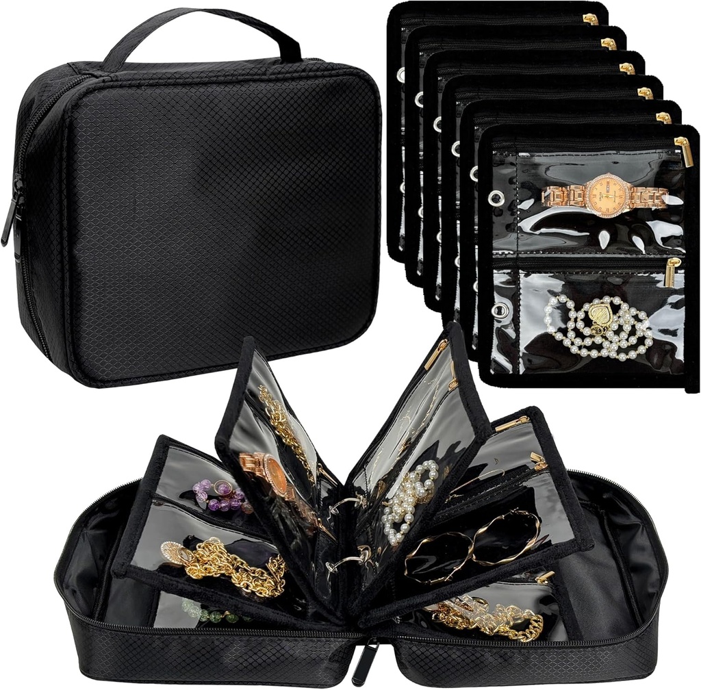 Travel Jewelry Organizer Case, Jewelry Bags for Traveling, Jewelry Binder with 24 Pcs Clear Velvet Pouches for Stening Earrings, Rings, Neckklace, Brackets, Watch (Hitam)