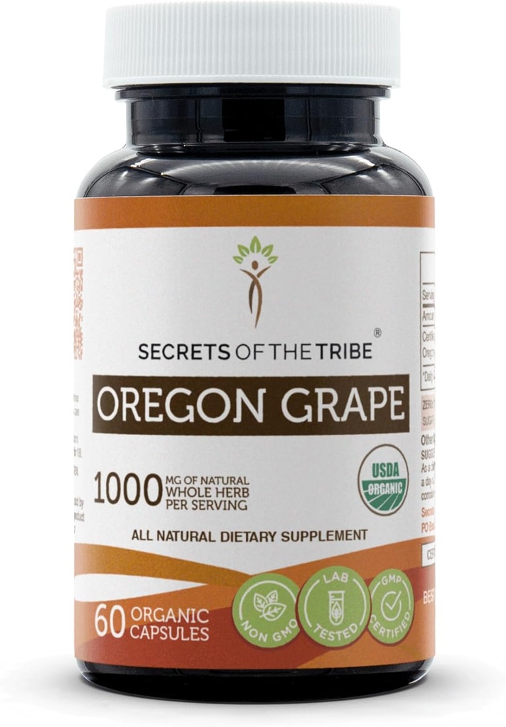 Rahasia Suku Oregon Grape USDA Kapsul Organik 124; Katup Vegetarian Tersertifikat, Suplemen Diet Herbal 124; Mahonia akufolium Dry Root (60 Count)