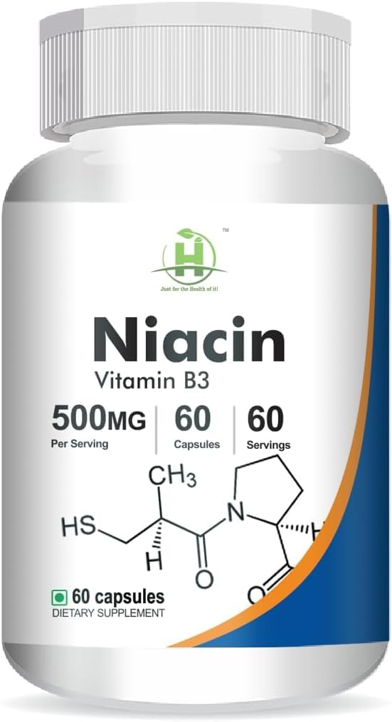 Niasin Generik (Vitamin B3) 500mg Tingkat Energi: 124; Skin Kesehatan -60 Vegetarian Capsules -Pack 1
