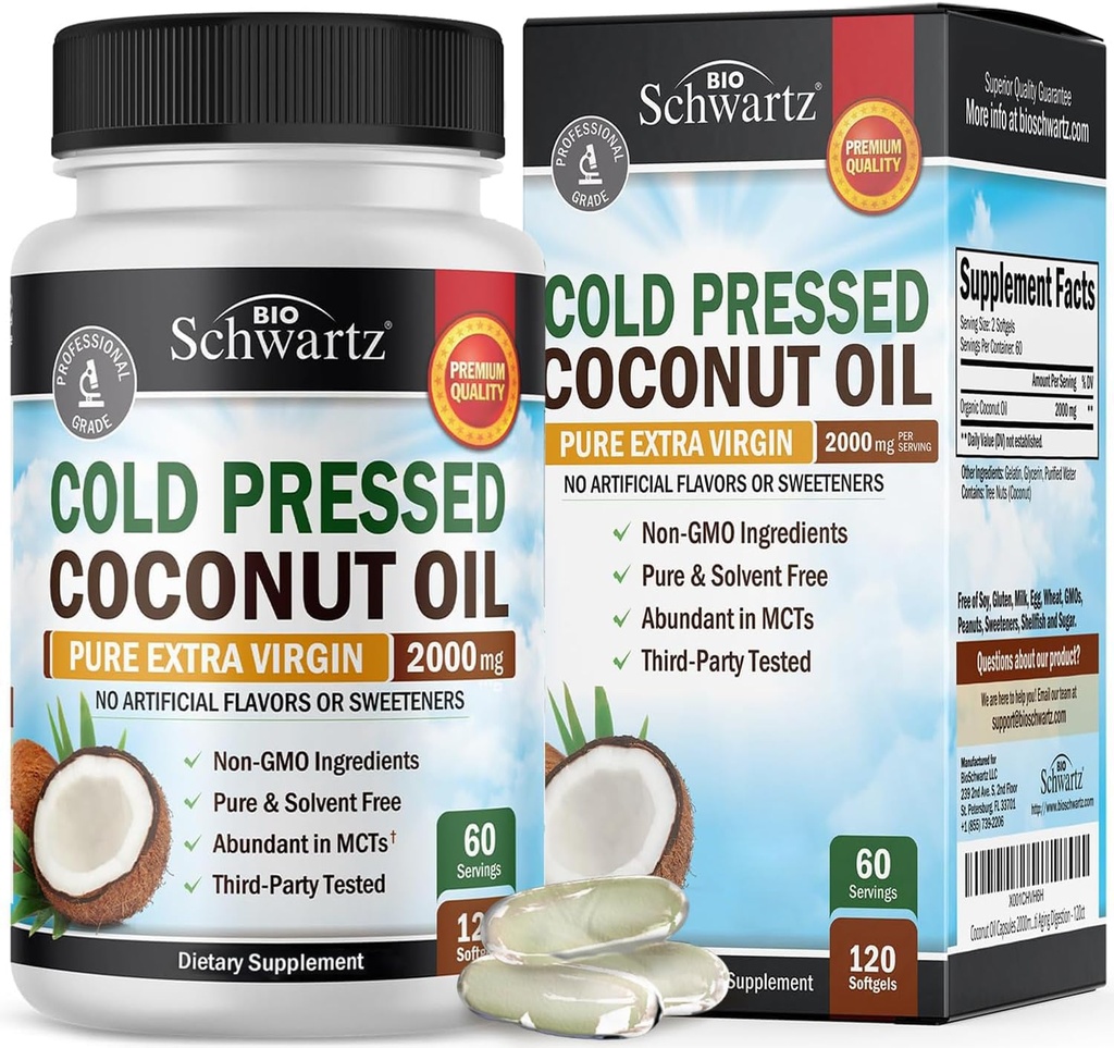 Coconut Oil Capsules 2000mg - Organic Murni Ekstra Virgin Unfure Cold Menekan MCT Rich & Non-GMO untuk Heally Skin Nails Nails Growth Dukungan Bloating Anti Aging Dibuble - 120ct (2 Pasokan Bulan)