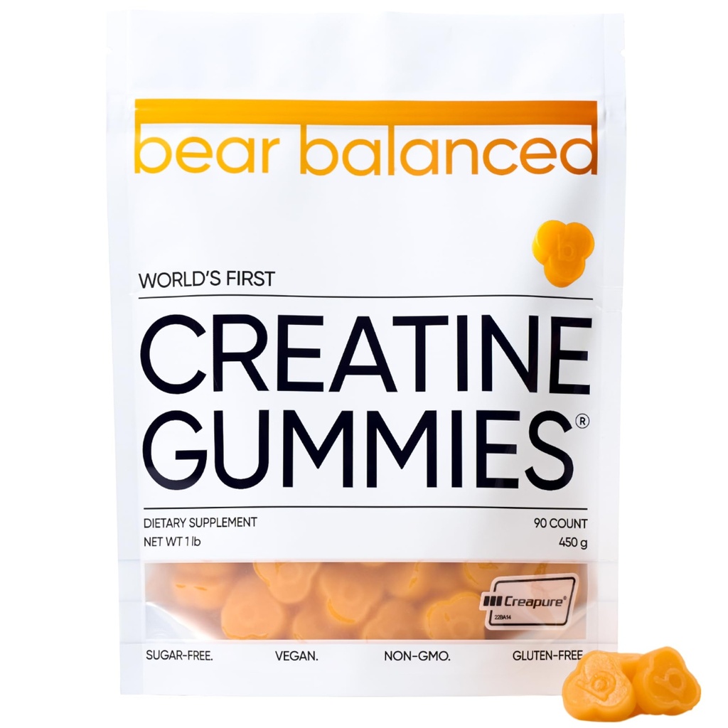 Bear Balanced Creatine Gummies for Men & Women - Creapure ® Creatine Monohydrate, L-Theanine, L-Tyrosine & B12 for Muscle Growth, Energy, Energy & Health - Low Calorie, Sugar- Free, & Vegan
