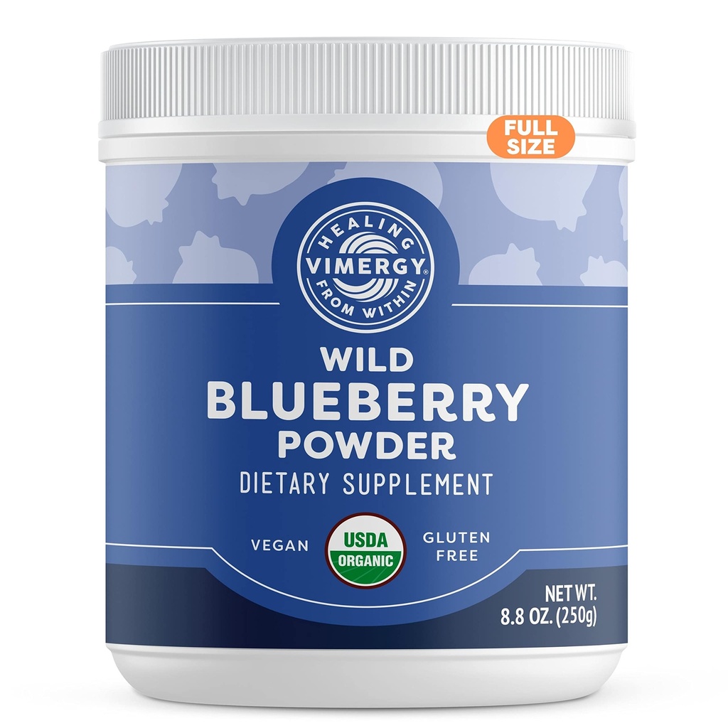 Mimergy Wild Blueberry Powder - Protects Brain Health * - Support Cardiovaskular Fungsi * - Organic, Vegan & Gluten- Free - Reguler Size 250g