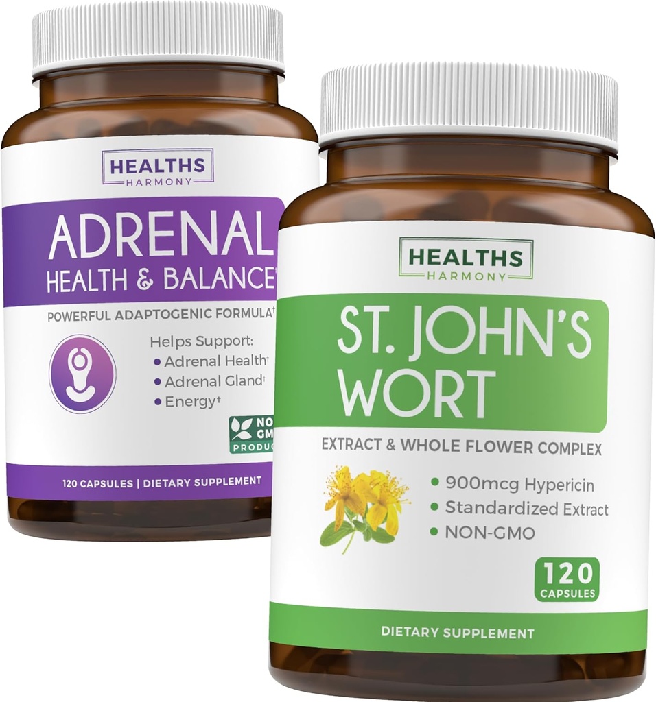 Adrenal & St. John 's Welt (4-Month Supply) Mood Harmony Pack - Adrenal Dukungan dengan L- Tyrosine (120 Capsules) & St. John' s Wort dengan Powerfil 900mcg Hypericin per Capsule (120 Capsules)