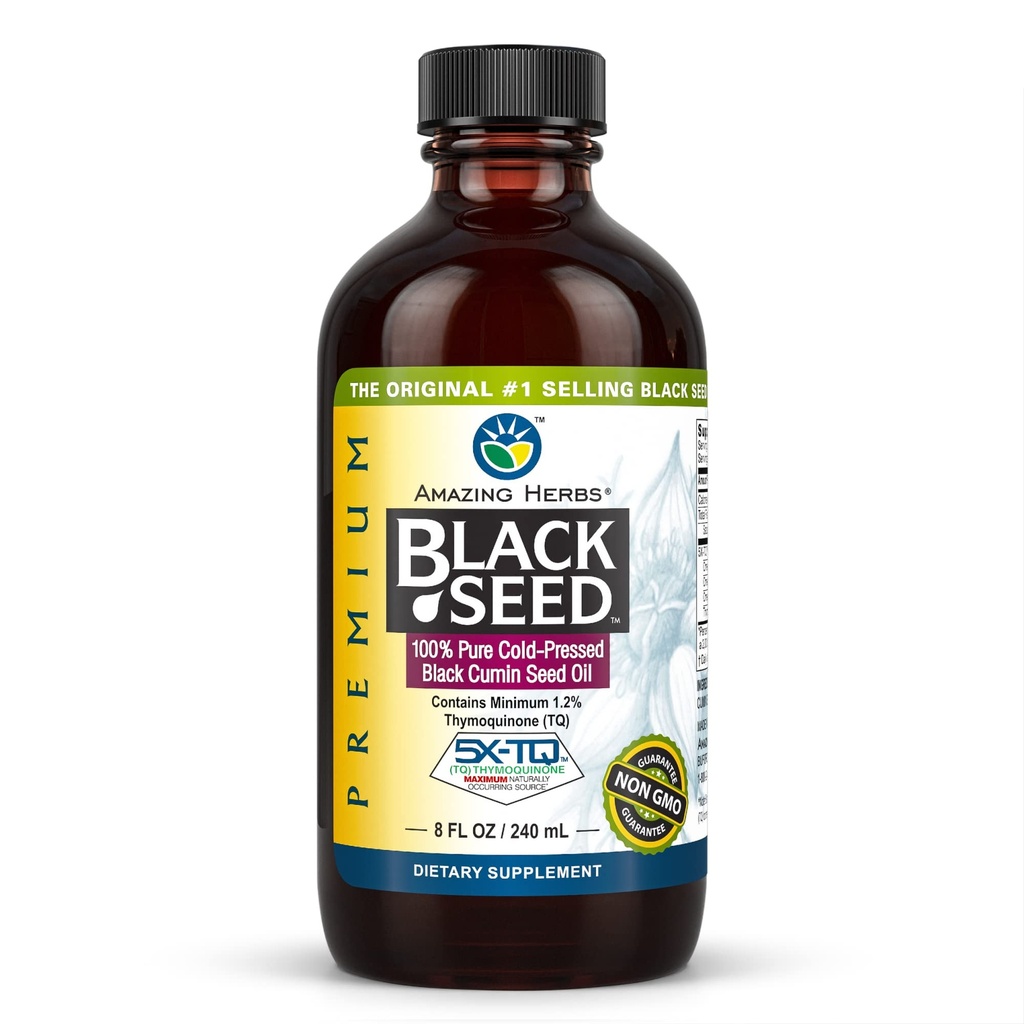 Amazing Herbs Premium Black Seed Oil - Gluten Free, Non GMO, Cold Menekan Nigella Sativa Aids in Digetical Health, Imune Dukungan, Fungsi Otak - 8 Fl Oz