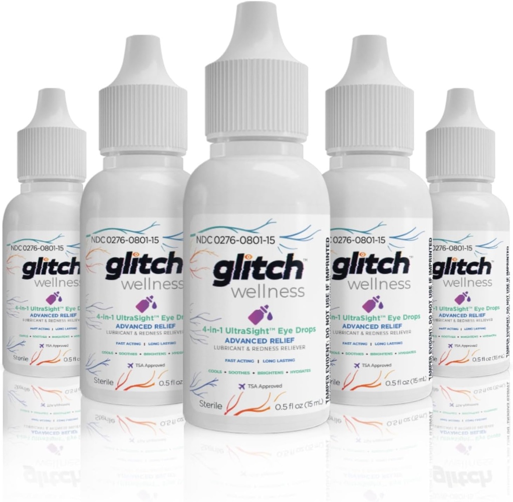 Glitch UltraSight Eye Drops for Dry Eyes 15mL - 4 in 1 Advanced Relief Dry Eye Drops - All Day Comfort with Hydration, Brightening, Cooling - Efforently Soothes Irricitation & Dryness (5)