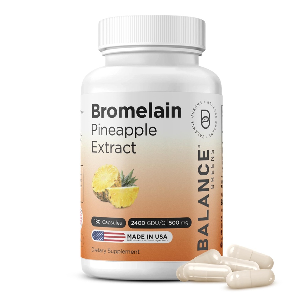 Balancebreens Bromelain 500mg Capsules - 2400 GDU Pineapple Extractions Suplement for Joint Dupport, Natural Swelling Dupport, and Heally Ditrable - 180 Capsules Made in USA