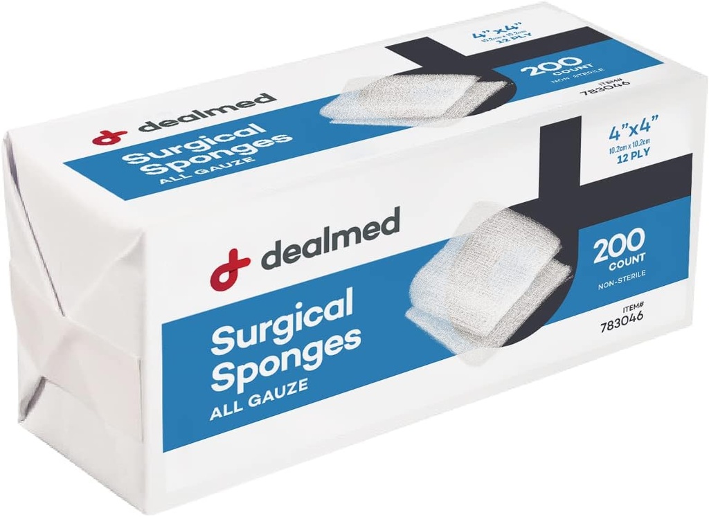 Dealmed 4 "x 4" Spons Bedah, 12-Ply, Absorbend Woven Gauze Pads, Non-Sterile Wound Care for First Aid Kit dan Fasilitas Medis, 200 Count (Pack of 1)
