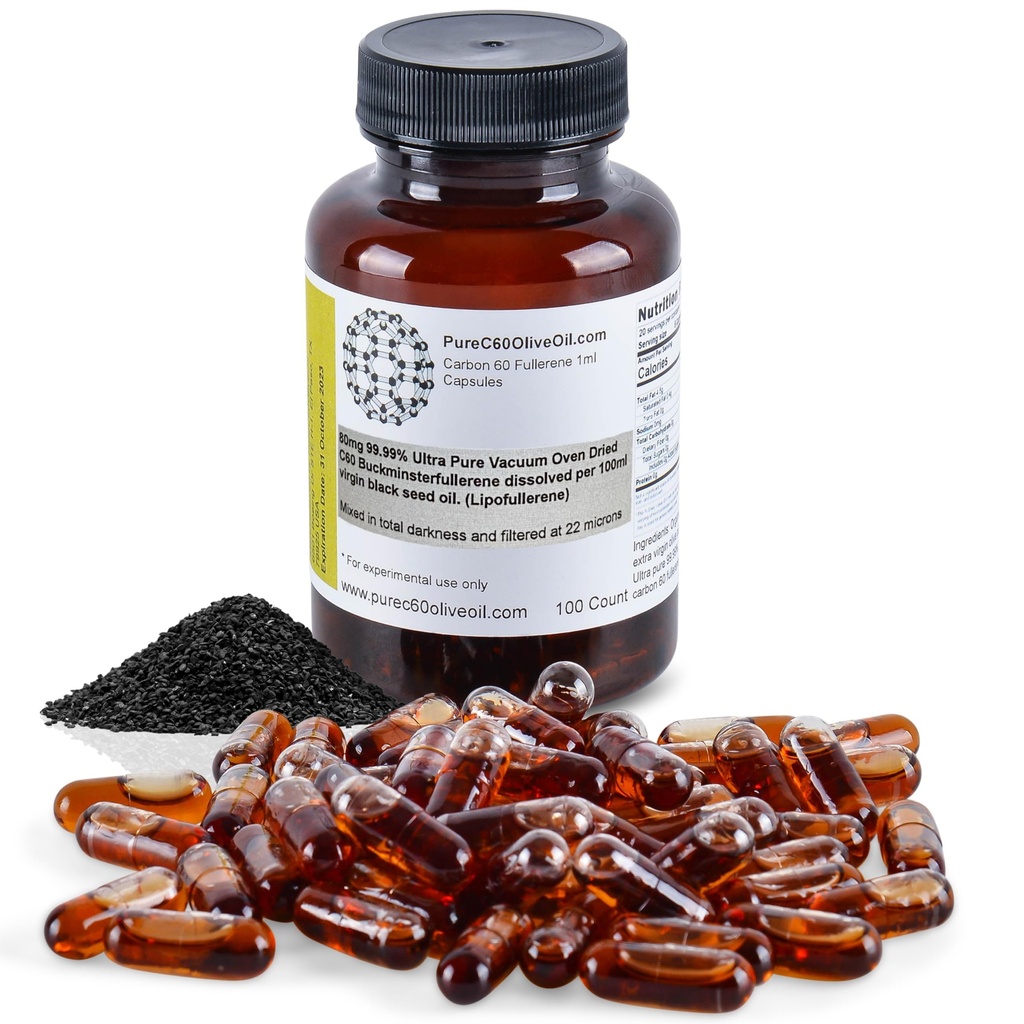 C60 Organic Black Seed Oil Capsules Kapsules Pill 100ml / 3.4 Fl Oz - 99,99% Carbon 60 Solvent Free 80mg - Food Grade - Karbon 60 Black Seed Oil - From The Leading Global Producer