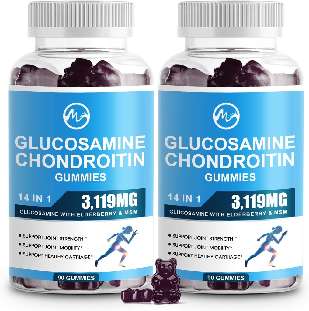 M inch Glucosamin Chondroitin Gummies, 1500mg Glucosamine & 100mg MSM per Serving, Suplemen Dukungan Bersama untuk Dewasa, Elderberry Flavor, 45 Pelayan (Paket 2)
