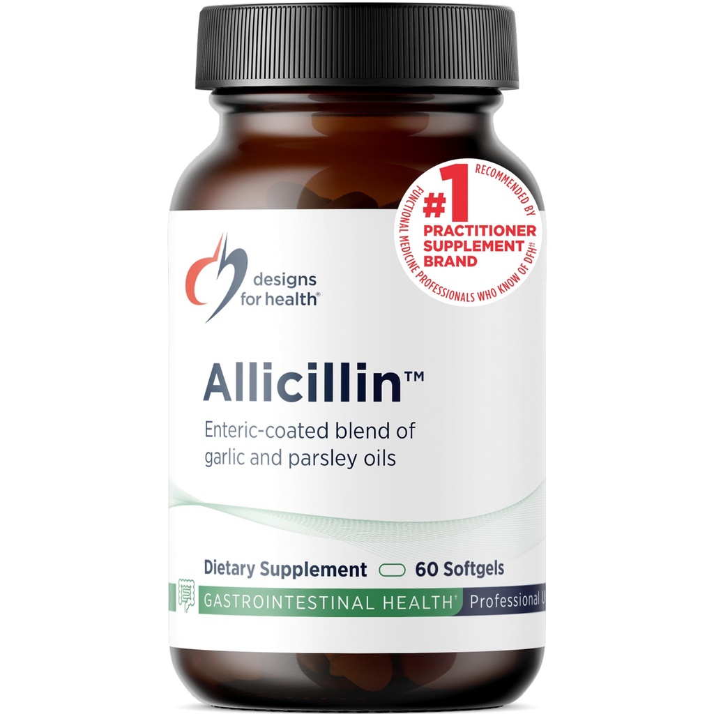 Desain untuk Kesehatan Allicillin - Allilin Suplemen dengan 200mg Minyak Bawang putih + Parsley Oil - Pil Bawang Putih dengan Powerful Sulfides - Hisenic Coated untuk Bantuan Mengurangi Odor, Non-GMO (60 Softgels)