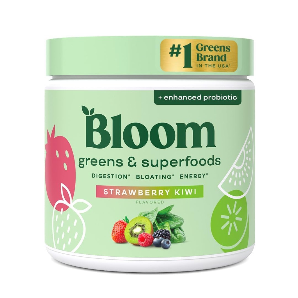 Bloom Nutrition Grender and Superfood Powder for Digetical Health, Greens Powder, Digetical Enzymes, Prograine, Spirulina, Chlorella for Bloating & Gut Duck, Green Juice, 30 SVG, Strawberry Kiwi