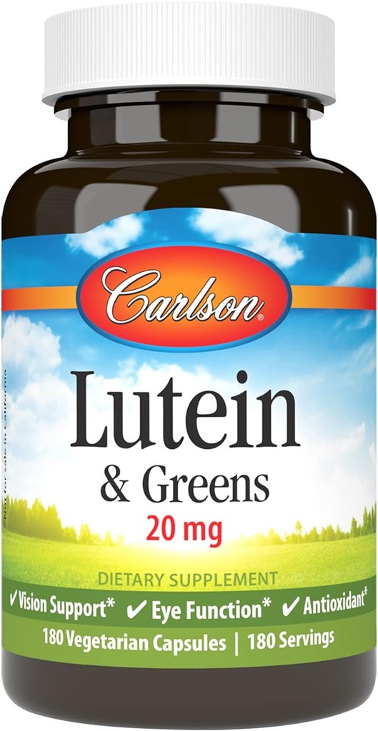Carlson - Lutein & Hijau, 20 mg, Dukungan Vision & Fungsi Mata, Antioksidan, 180 Vegetarian Capsules
