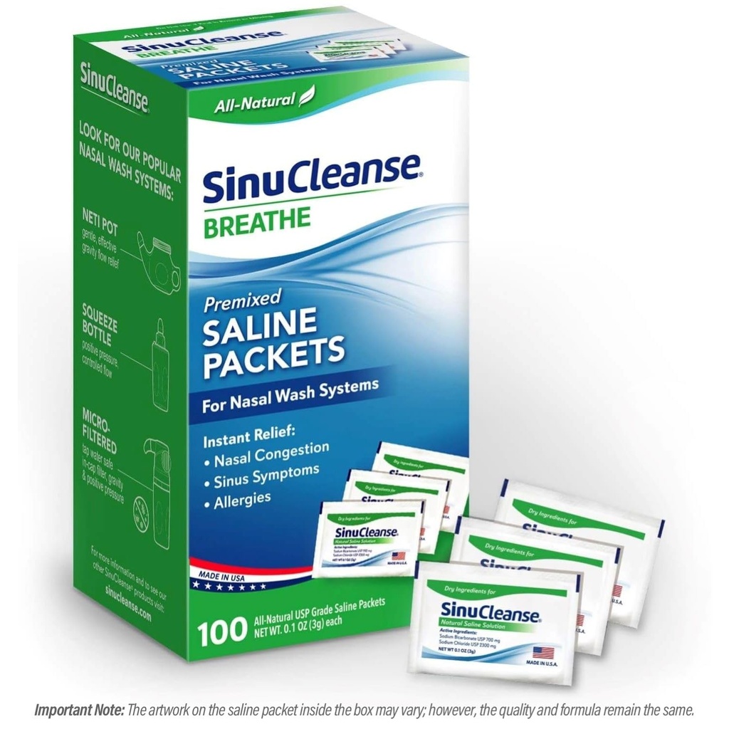 SinuCleanse Pre- Campuran Paket Saline untuk Sinus Rinse dan Sistem Irrigasi Nasal, 100 Count, dibuat di Amerika Serikat, All- Natural, Farmasi Tingkat dan PH Balanced