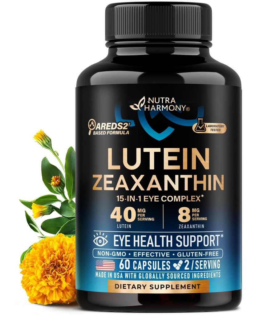 Mata Vitamin - Lutein dan Suplemen Luxanthin - AREDS2 Berdasarkan Suplemen untuk Senior & Dewasa - Kesehatan Mata & Vision Dukungan - Saffron, Zinc, Vitamin, Copper, Super Greens - Dibuat di Amerika Serikat, 60 Capsules