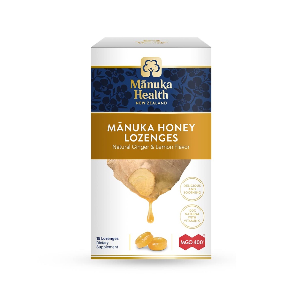 Manuka Manuka Kesehatan Madu Lozenges - 15 Lemon dan Ginger Flavored Lozenges - Natural Throat Lozenges Dicemarkan dengan Raw Manuka Honey dan Vitamin C untuk Dukungan Imune