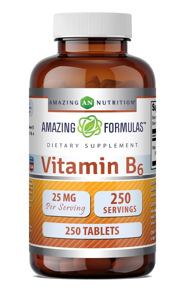 Amazing Formulas Vitamin B6 Pyridoxine 25mg 250 Tablets Suplemen 124; Non GMO 124; Gluten Free 124; Dibuat di AS
