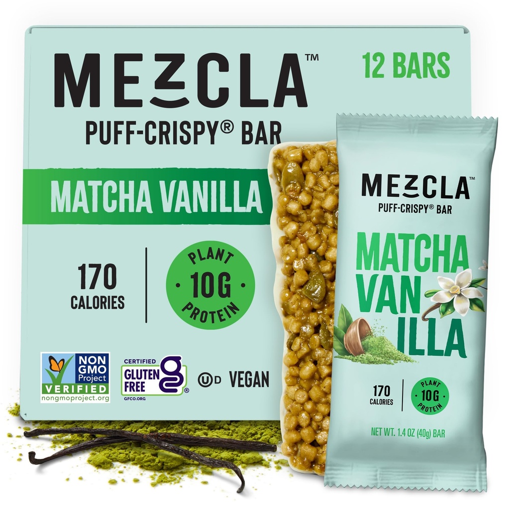 Mezcla Puff Crispy Protin Bars, Gluten Free & Vegan Protein Bars, 10g Protein, Alt for Crispy Rice Treat, Granola Bars & Breakfast Bars, Healthy Snacks for Adults, Matcha Vanilla, 12 Pack