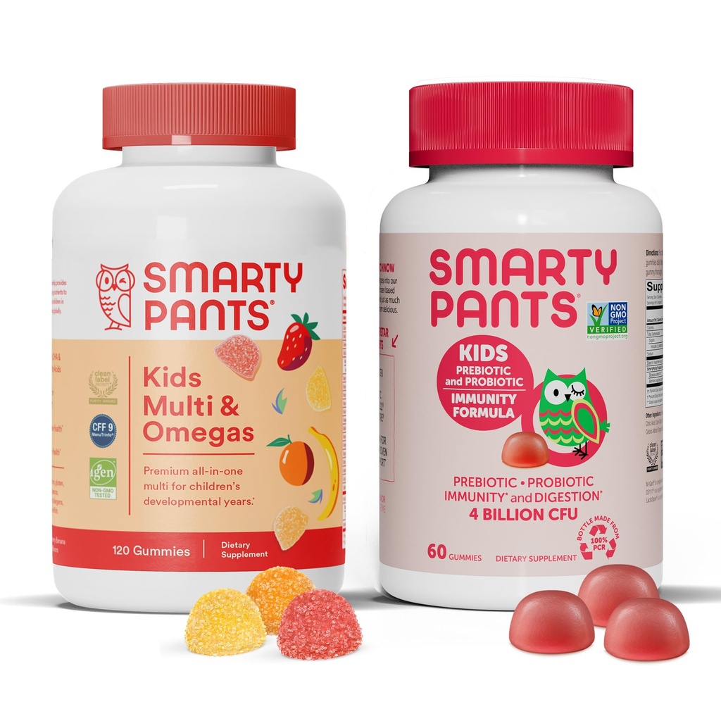 Anak SmartyPants Multivitamin Gummies and Probiotic Immunity Bundle: Minyak Ikan Omega 3 (EPA / DHA), Vitamin D3, C, Vitamin B12, B6, Digetical & Imune Dukungan Tambahan (30 Hari)
