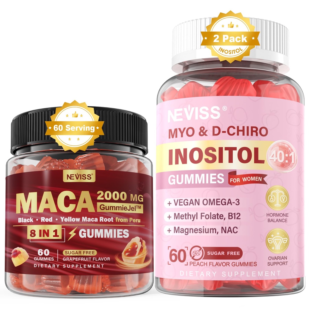 NEVISS Sugar Free 1Pack Maca Root Filled Gummies & 2Pack Myo- Inositol & D- Chiro Inositol Gummies