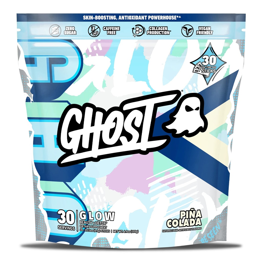 Pemuatan GHOST Glow: Beauty and Detox - 30 On- TheGo Stick Packs, Pina Colada - Hyaluronic Acid, Biotin & L- Theanine for Skin-Boosting Support - Sugar Free, Gluten Free
