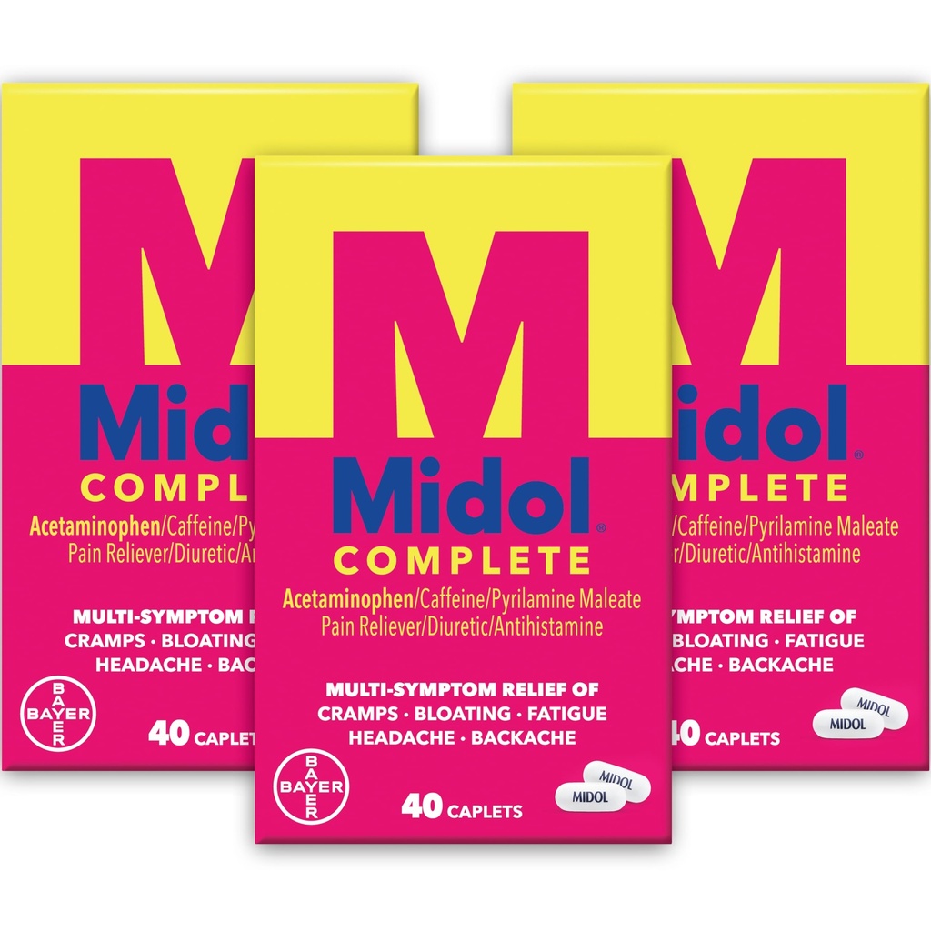 Midol Complete Menstrual Relief Caplets with Acetaminopenhen for Period Cramps, and Menstrual Symptom Relief - 40 Count (Paket 3) (Packing May Vary)