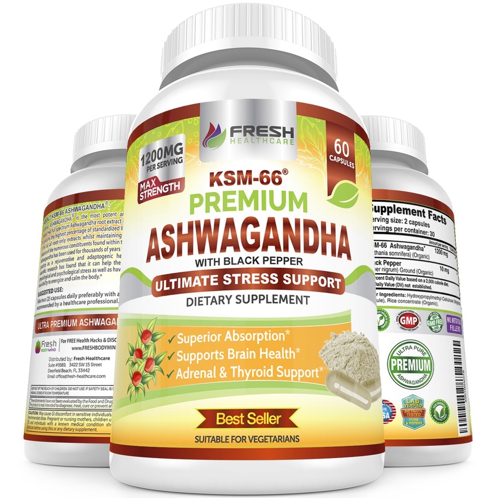 FRESH HEALTHCARE Ashwagandha Capsules KSM-66 1200mg Root Extract with Black Pepper for High Absorpsi - ImposAshwagandha Suplemen - 60 Vegan Capsules