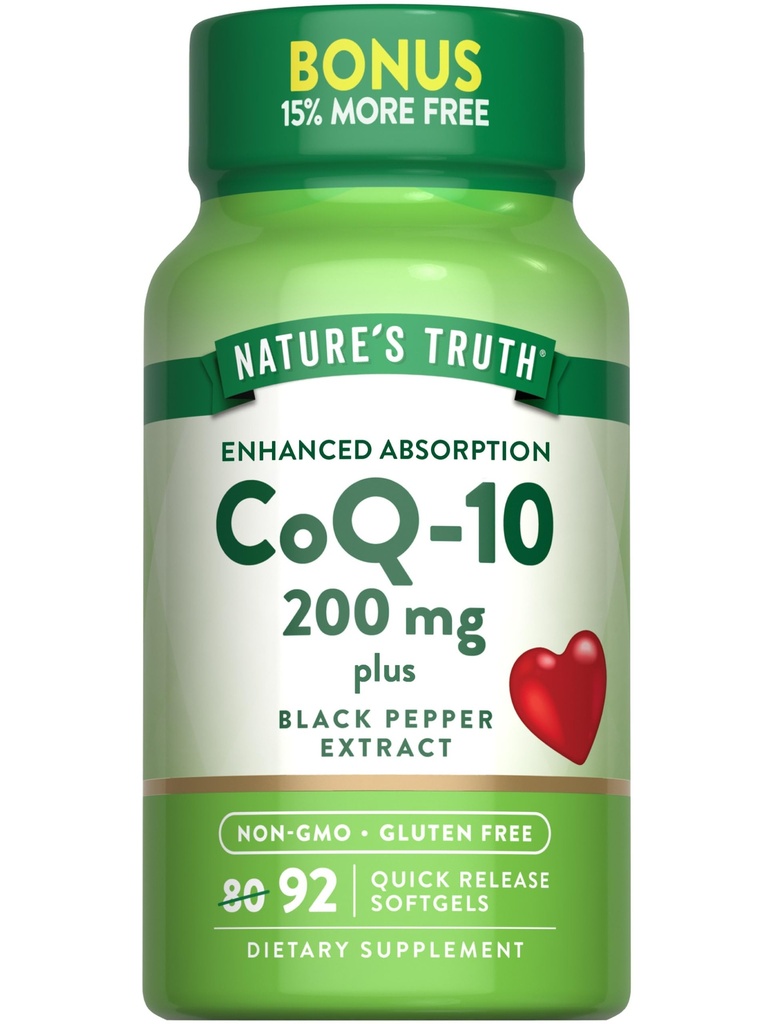 Nature 's Truth CoQ10 200 mg Softgeels 124; 92 Count 124; Enhanced Absorpsi 124; with Black Pepper Extract 126; Non-GMO & Gluten Free Suplemen