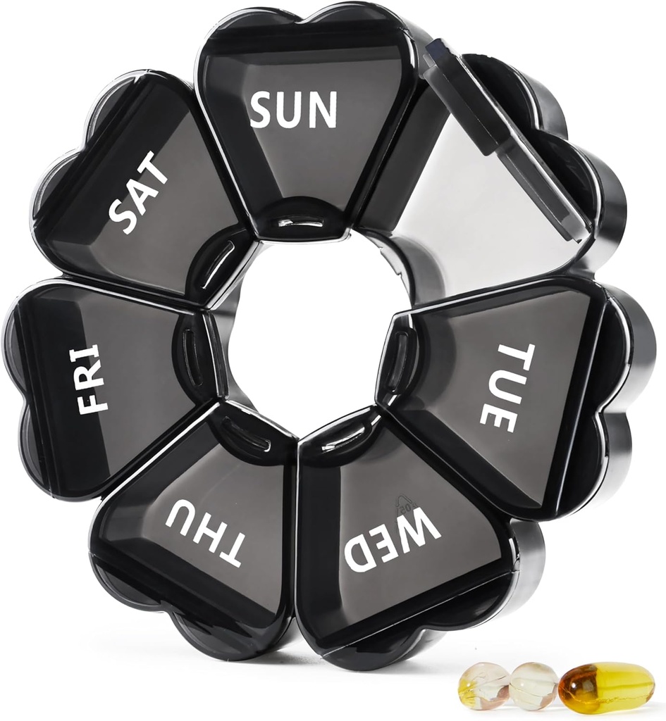 MOLN HHIMY Large Pill Organizer 7 Day, Pretty Weekly Pill Box Case, Cute Medicine Dispenser Container for Vitamin, Gummy, Medication, Supplemen (Hitam)