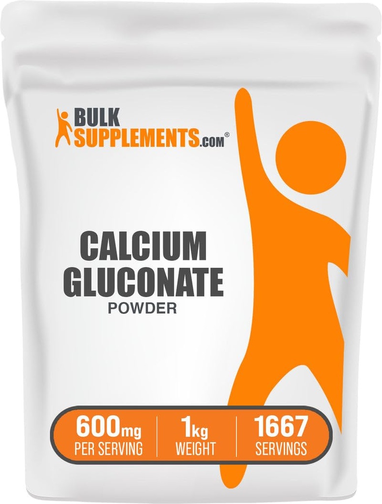 BulkSuplements.com Kalsium Gluconate Powder - Kalsium Suplemen, Mudah Absorbed - Tanpa rasa & Gluten Bebas, 600mg per Serving, 1kg (2.2 lbs) (Paket 1)