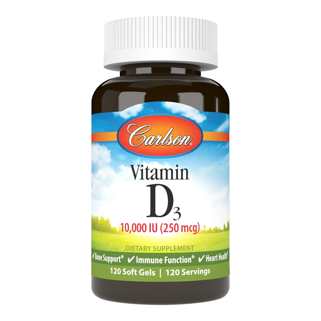 Carlson - Vitamin D3, 10000 IU (250 mcg), Vitamin D Suplemen, Bone & Imune Dukungan, Vitamin D3 Softgeels, Heart Health, Gluten Free Vitamin D Capsules, 120 Softgels