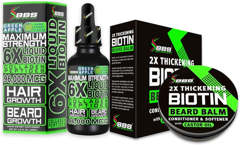 Beard Growth Kit w / 2X Thickening Biotin Beard Bald & kumis Wax + 6X Liquid Biotin dengan Collagen Peptides untuk Pertumbuhan Rambut Facial - Formulated di Amerika