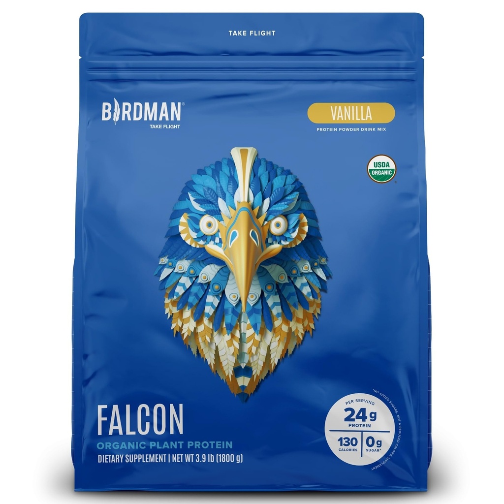 BirDMAN Falcon Vegan Protein Powder Organic, Stevia & Sugar Free, Plant Based Protein, Low Carb, Dairy Free, Keto, Non Whey Protein, Probiosis, Pea Protein 124; Vanilla Flavor - 60 Servings - 3.9 lb