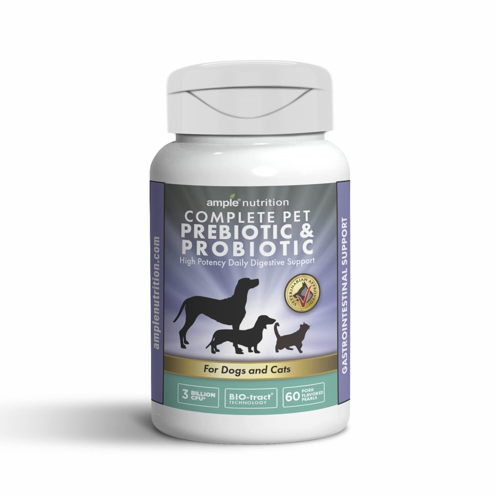 Ample Nutition Complete Pet Prebiotic + Probiotic for Dogs & Cats, 60ct Pork Flavared Pils