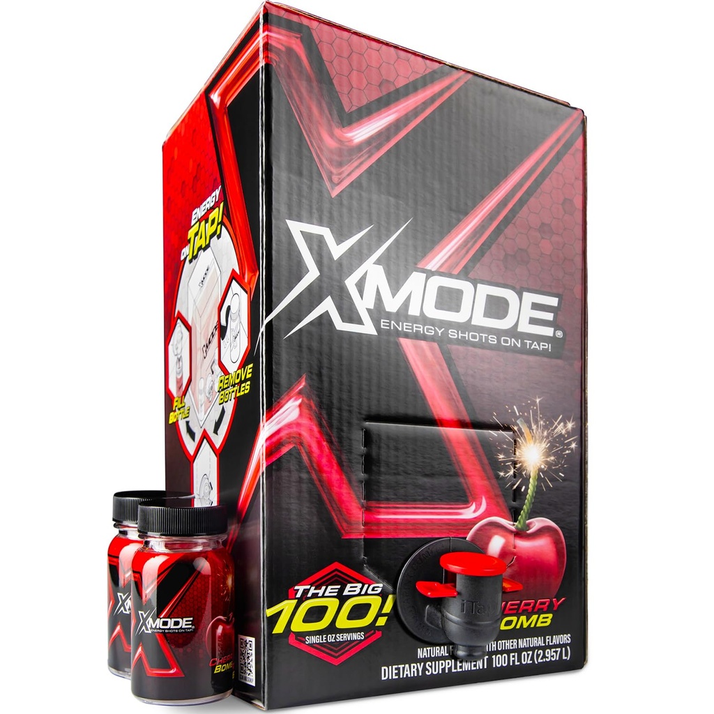 XMODE Ekstra Energy Shots on Tap - Cherry Bomb Flavor, Sugar Free, 150mg Caffeine per oz, B12, 100 (1oz) Servis, Dispenser dengan 2 Botol Refilable