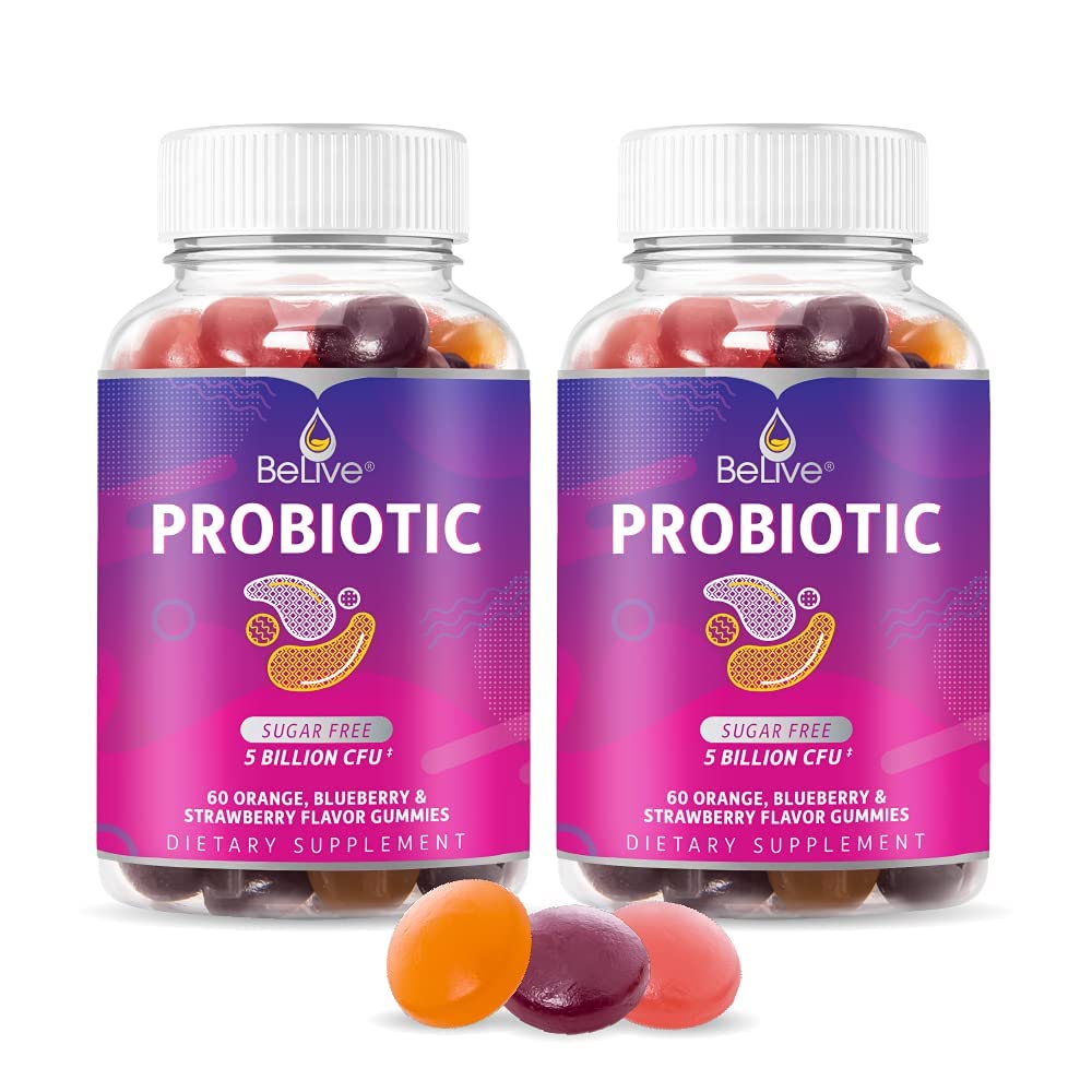 BeLive Probiotic Gummies - Provinsi dengan 5 Milyar CFUs untuk Kesehatan Digetical, Pria, Perempuan & Anak Probiotic Support Ammune, Sugar Free & Vegan - Blueberry, Strawberry & Orange 124; 2 - Pack