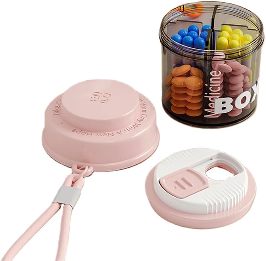 Kotak Pil Merah Muda untuk Wanita Purse, Kotak Pil Kecil, Penyelenggara Pil KB, 4 kompartemen untuk Pil Botol, cocok di Pocket, Handbag Pill Organizer, Kasus Pill Travel (Pink)